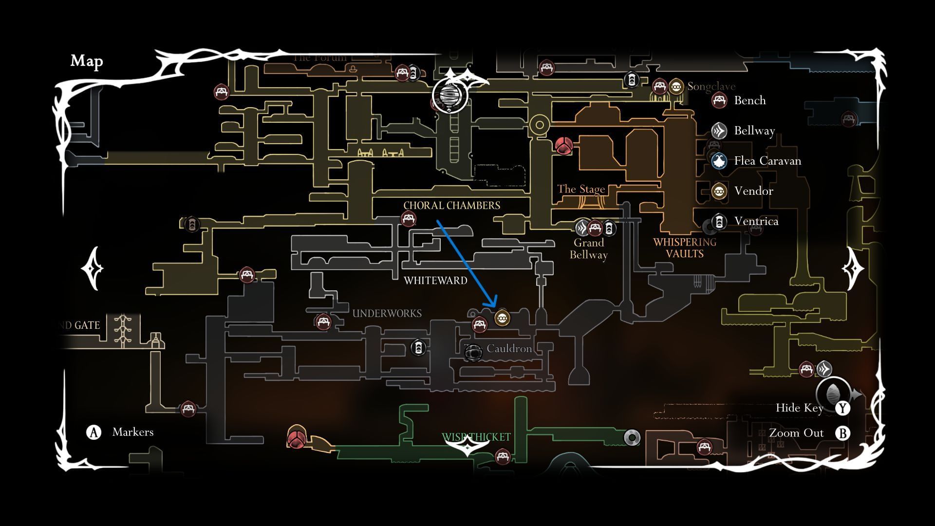 Map of the Underworks (Image via SK Gaming || Team Cherry)