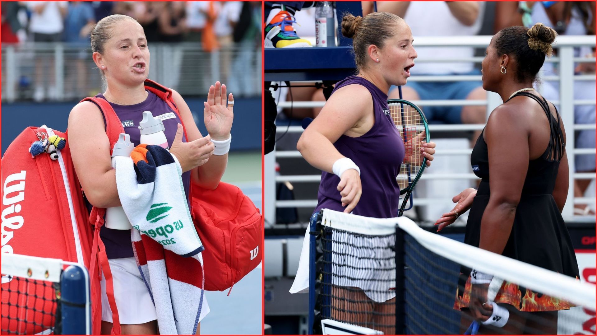 Jelena Ostapenko and Taylor Townsend argue after their US Open match  | Getty