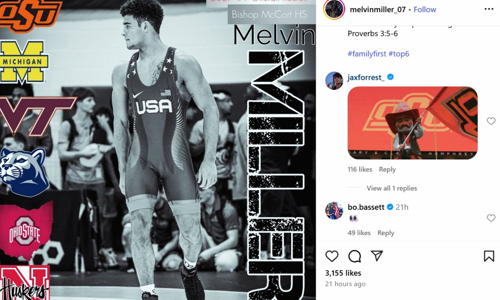 Bo Bassett&#039;s reaction to Melvin Miller&#039;s announcement. Credits - IG/ melvinmiller_07