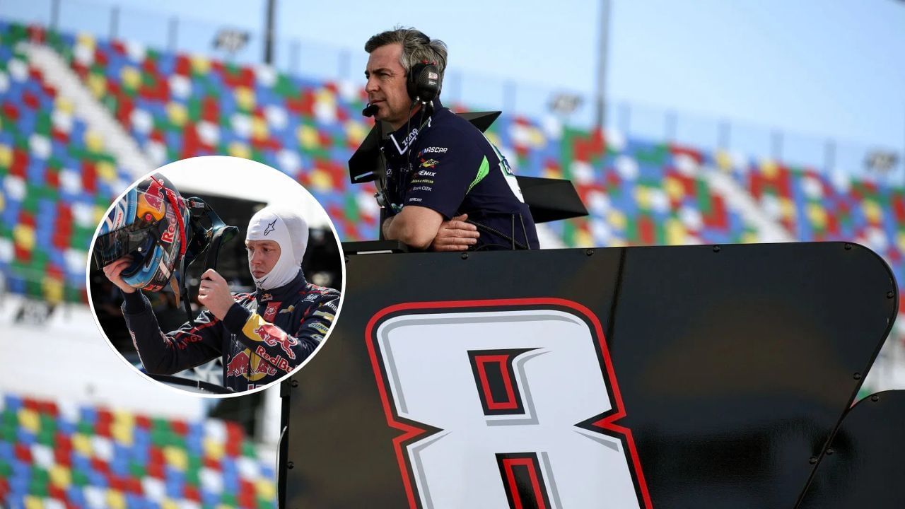 (Background) Crew chief Randall Burnett looks on from atop of the #8 zone Chevrolet hauler during practice for the NASCAR Cup Series Daytona 500 at Daytona International Speedway on February 12, 2025 in Daytona Beach, Florida. (Photo by Chris Graythen/Getty Images) (Inset) NASCAR Cup Series driver Connor Zilisch prepares to put on his helmet during practice and qualifying for the Go Bowling at The Glen at Watkins Glen International. Mandatory Credit: Matthew O