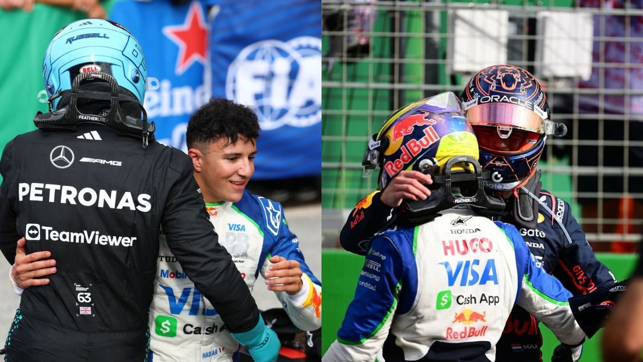 Isack Hadjar congratulated by Max Verstappen, George Russell and Helmut Marko after the Dutch GP [Images via Getty]