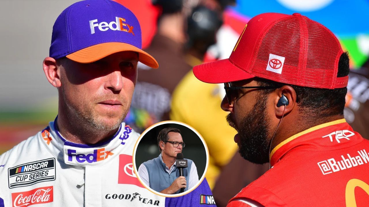 (Background) Oct 15, 2022; Las Vegas, Nevada, USA; NASCAR Cup Series driver Denny Hamlin (11) speaks with driver Bubba Wallace (45) during practice at Las Vegas Motor Speedway. Mandatory Credit: Gary A. Vasquez-Imagn Images (Inset) Steve Letarte on the NASCAR on Prime Video broadcast set after the NASCAR Cup Series Cracker Barrel 400 at Nashville Superspeedway on June 01, 2025 in Lebanon, Tennessee. (Photo by James Gilbert/Getty Images)