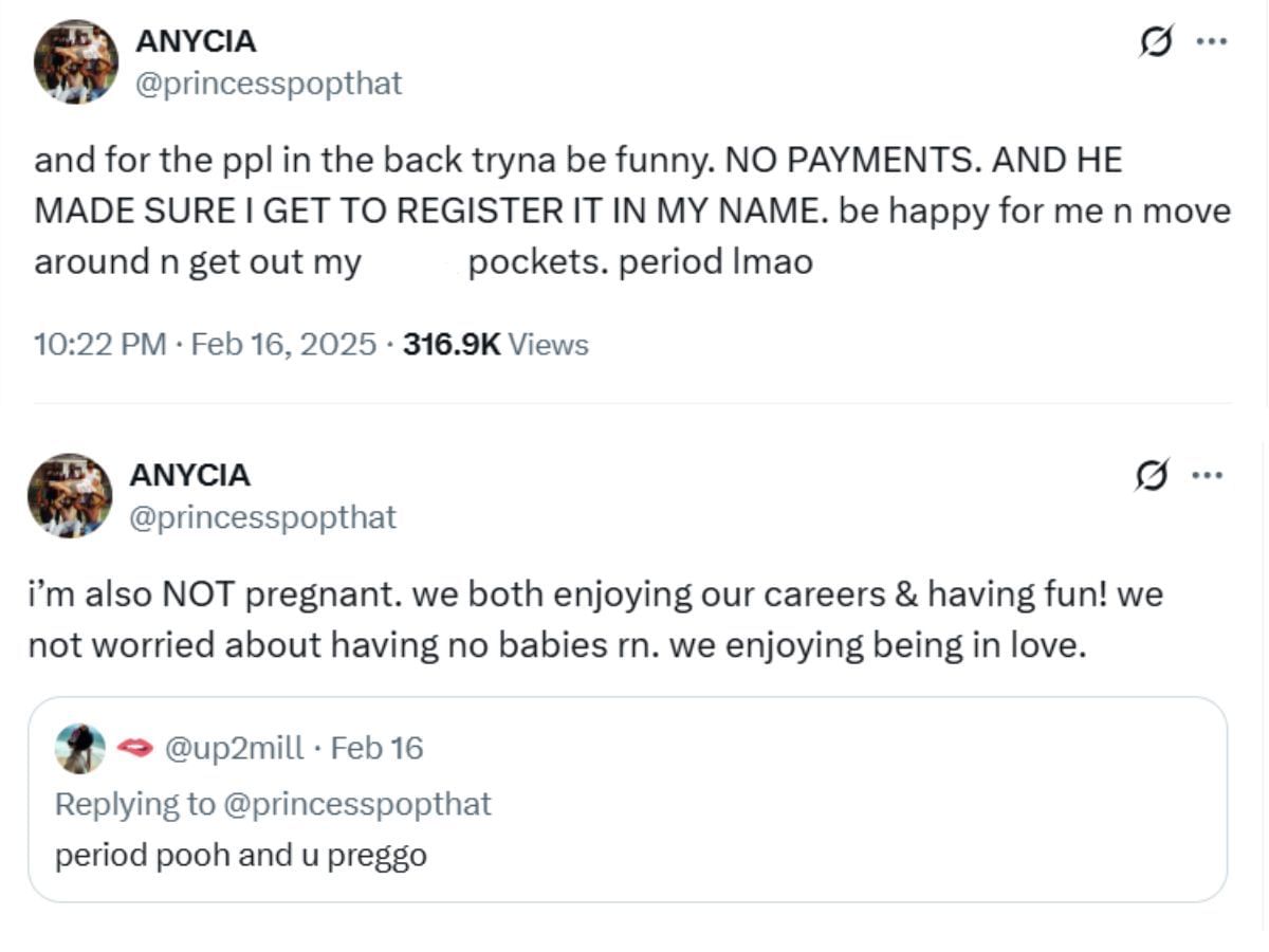 Anycia&#039;s tweets defending her relationship with Neko (Image via X/ @princesspopthat)