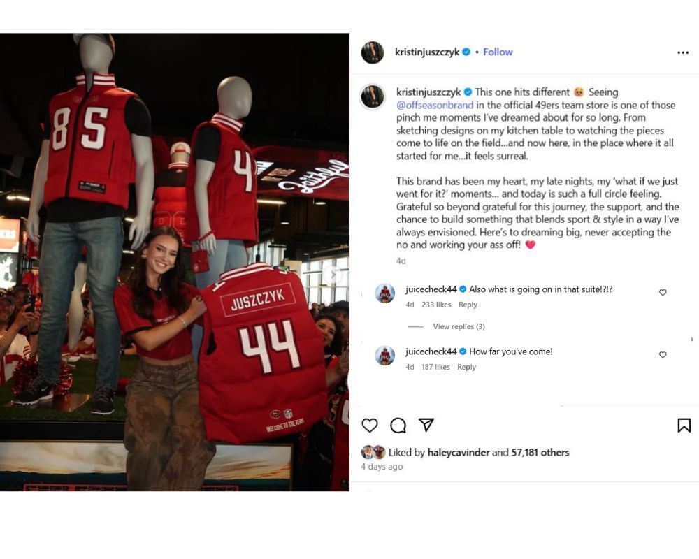 Kristin Juszczyk's Mimese Season Lands v 49ers Store, Kyle zdieľa vzrušenie z komentárov (IG/@Kristinjuszczyk)