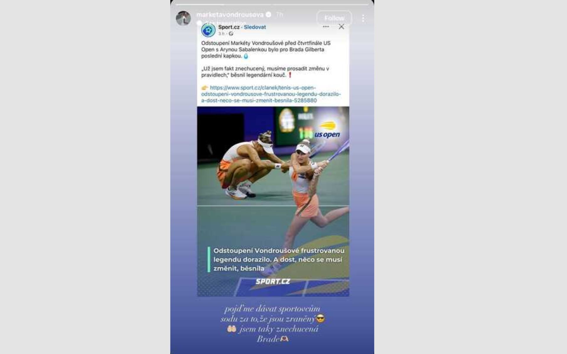 Screenshot via stories/ @marketavondrousova | Vondrousova replies to Brad Gilbert&#039;s comment on a report by Sport.cz via Instagram dated September 5, 2025