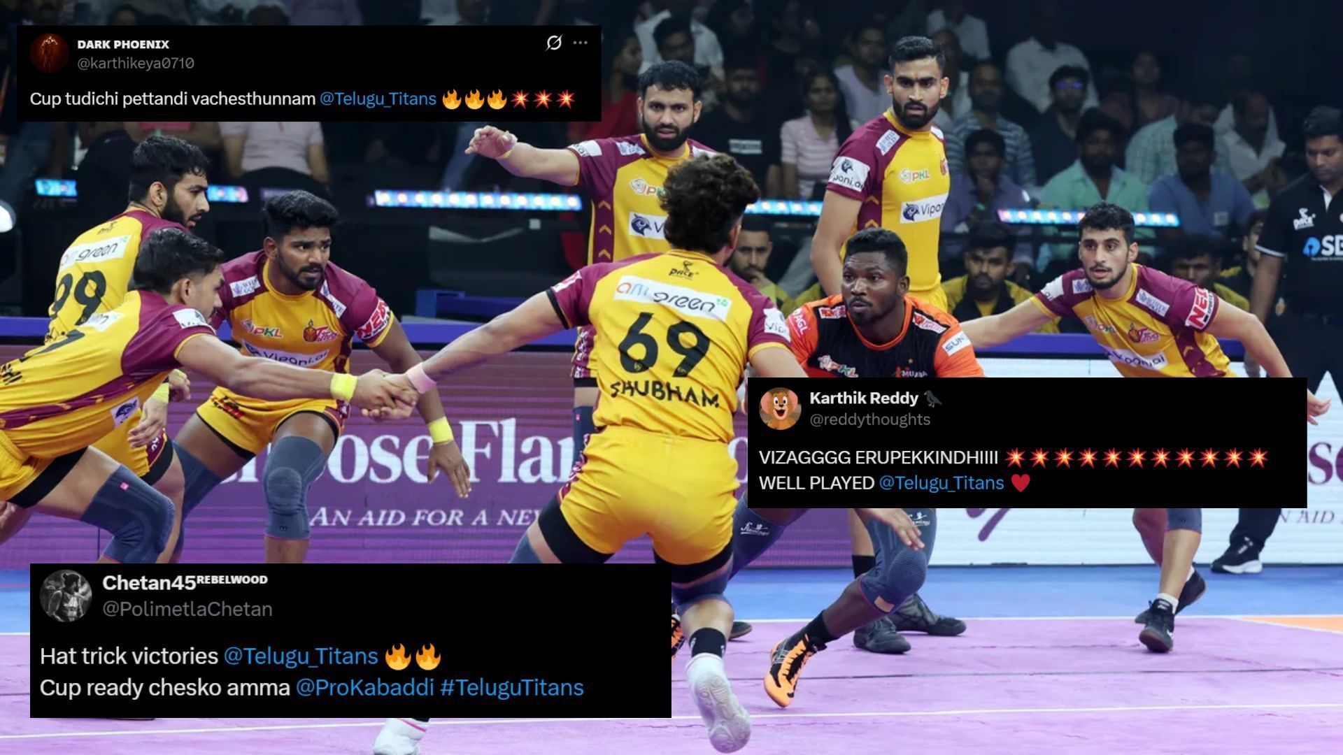 Telugu Titans registered their third consecutive win in PKL 12 (Image Credits: Pro Kabaddi/X &amp; @reddythoughts,@PolimetlaChetan,@karthikeya0710/X)