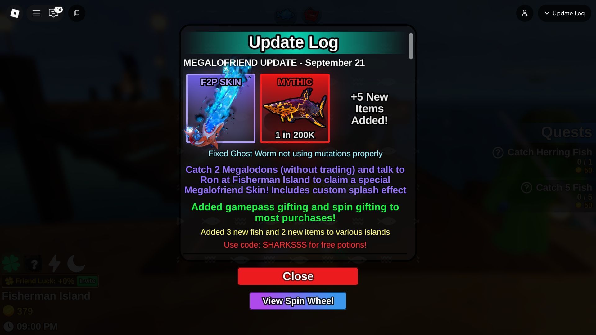 In-game update log detailing the Megalodon quest (Image via Roblox)