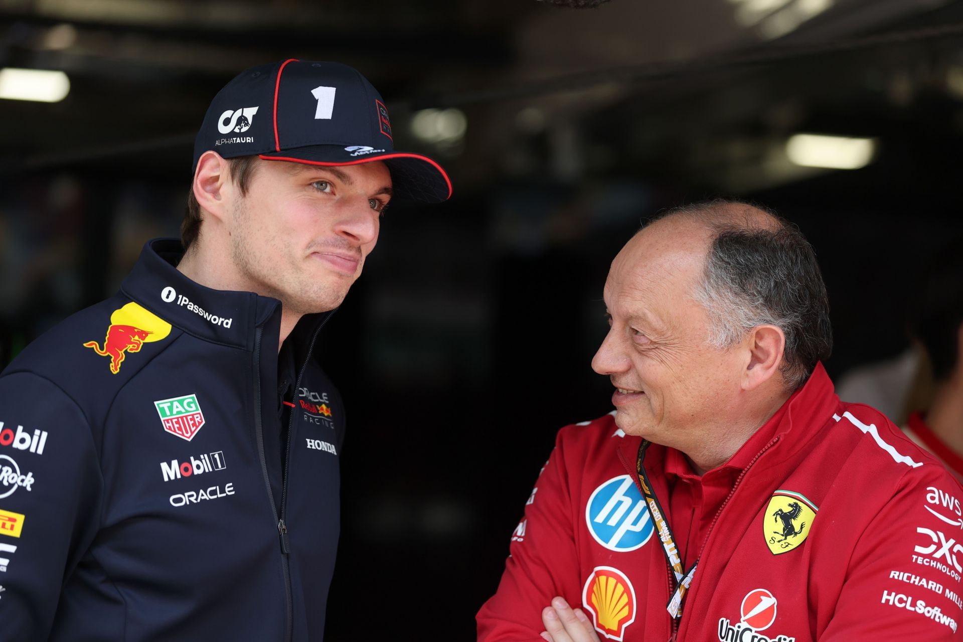 Max Verstappen with Ferrari Team Principal Frederic Vasseur at the F1 Grand Prix of China - Source: Getty