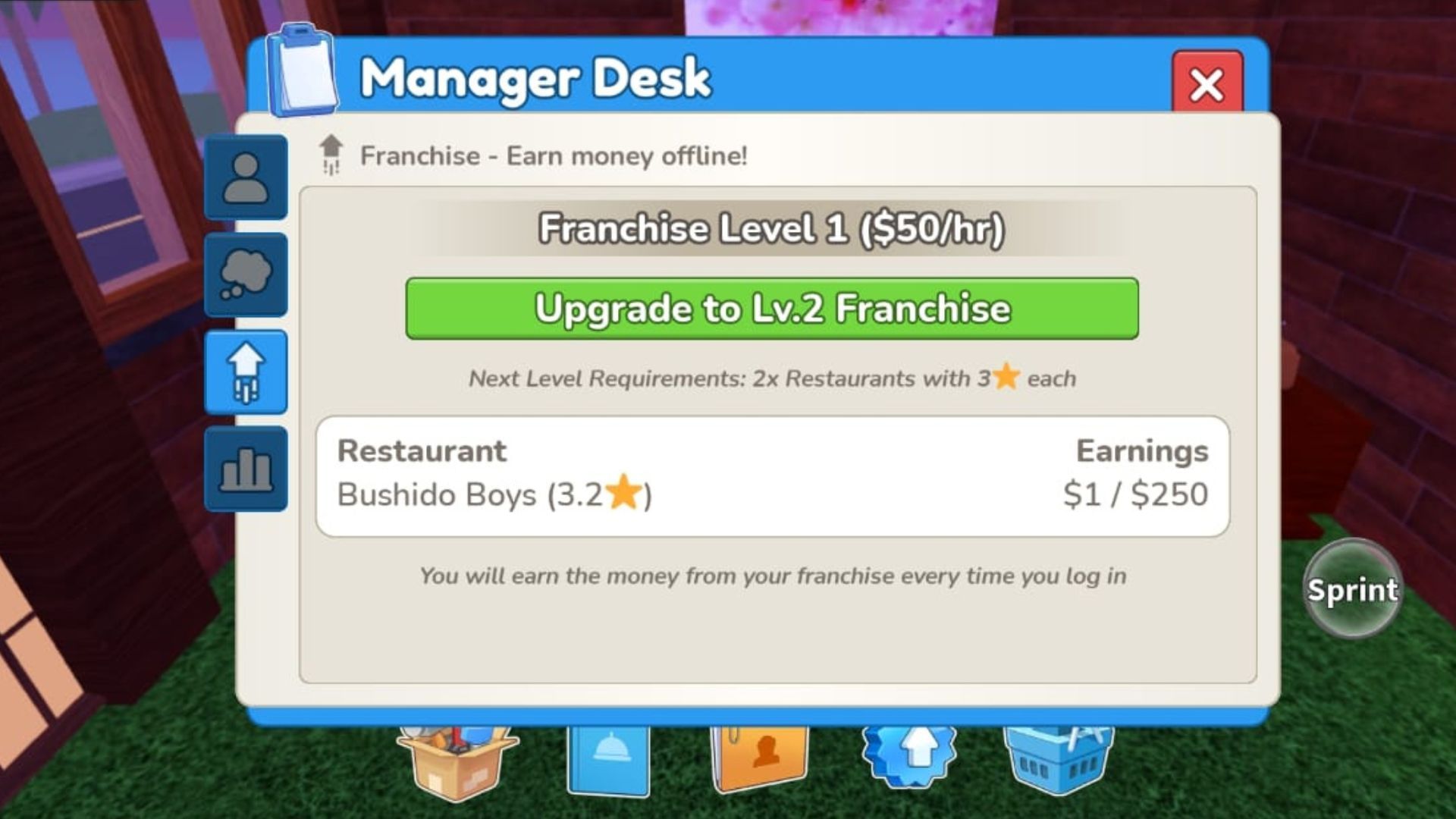 Upgrade your franchise to earn more offline cash (Image via Roblox)