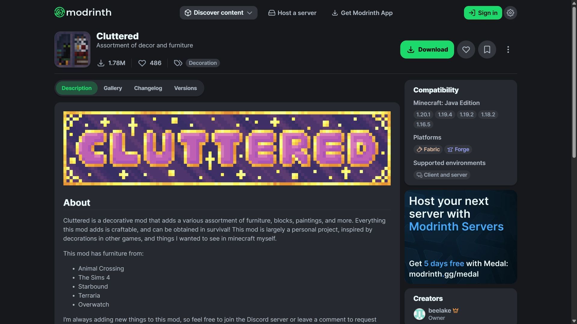 Cluttered mod can be easily downloaded from the Modrinth website (Image via Modrinth/Cluttered)