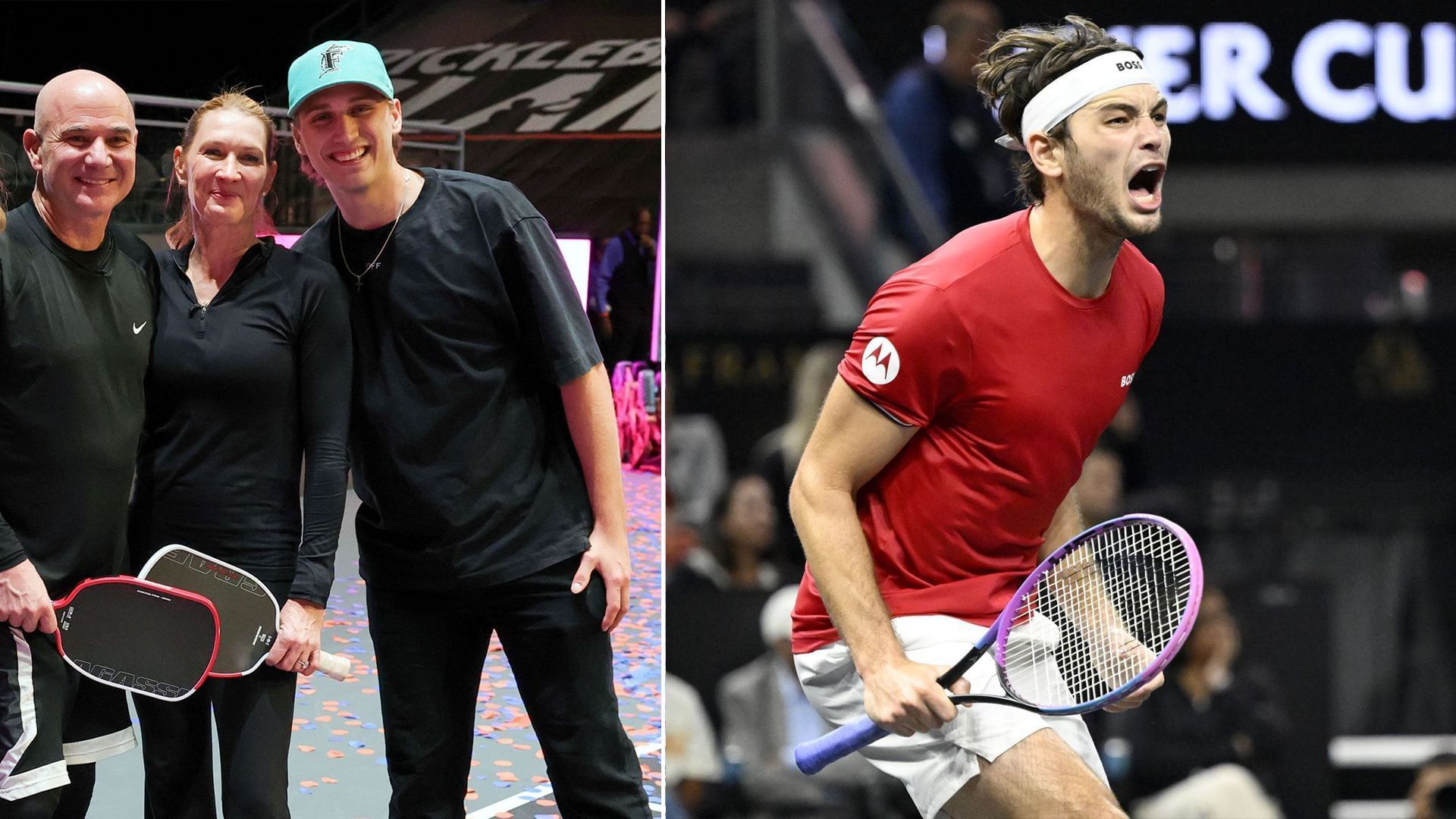 AndreAgassi(left), Steffi Graf(center), Jaden Agassi(right) and Taylor Fritz(right picture). Images:Getty