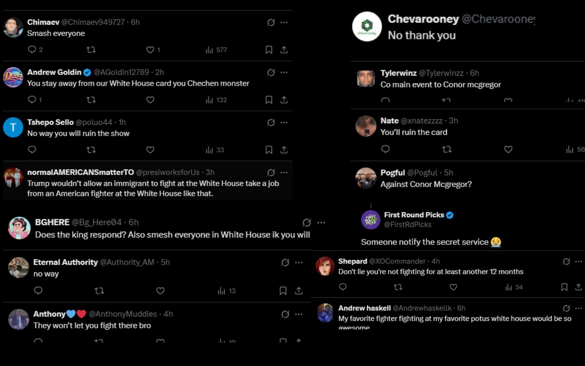 Fans react to Khamzat Chimaev&#039;s interest in fighting at the UFC White House card. [Screenshots courtesy: @KChimaev on X]