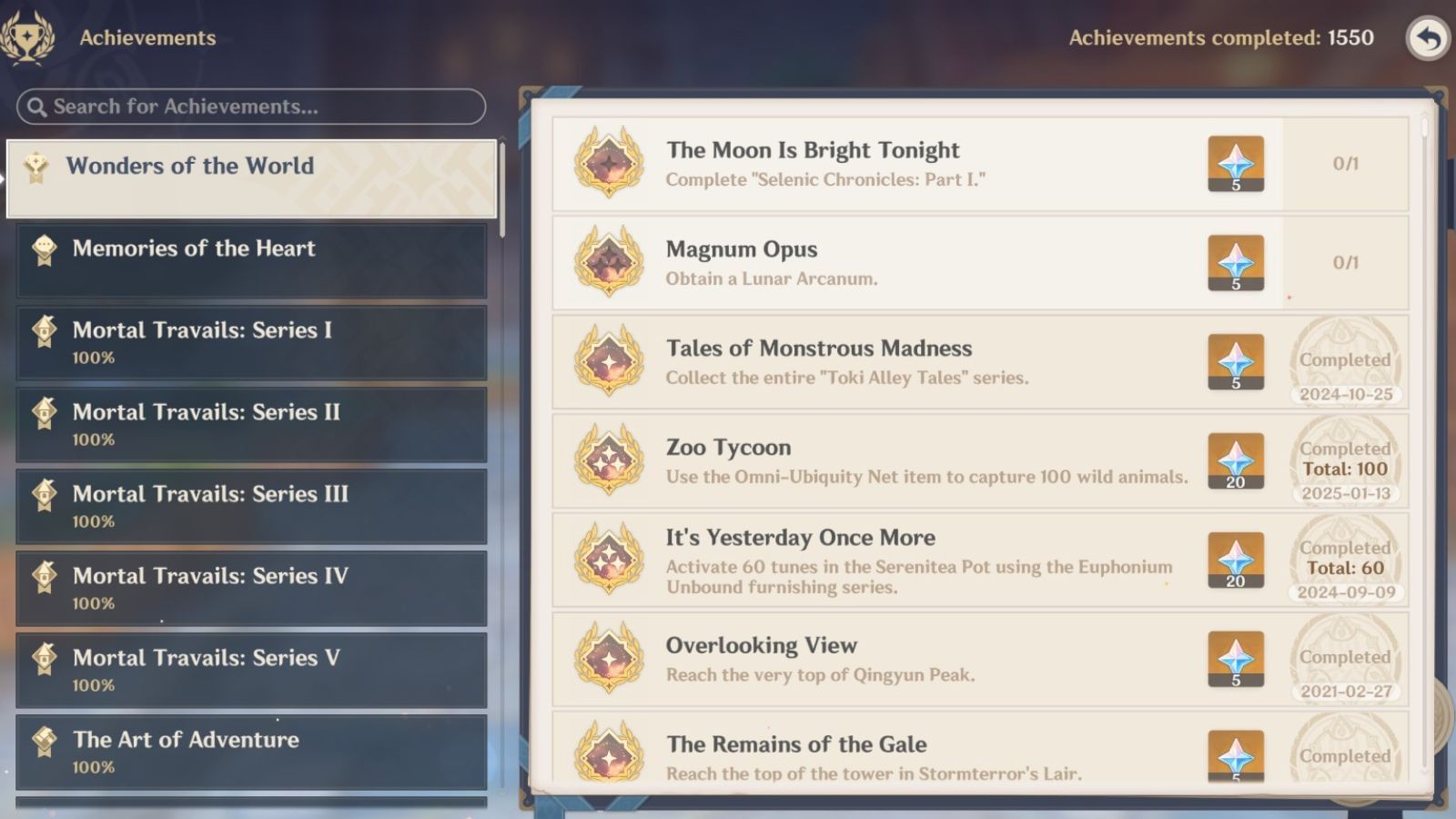 New achievements under the Wonders of the World section (Image via HoYoverse)