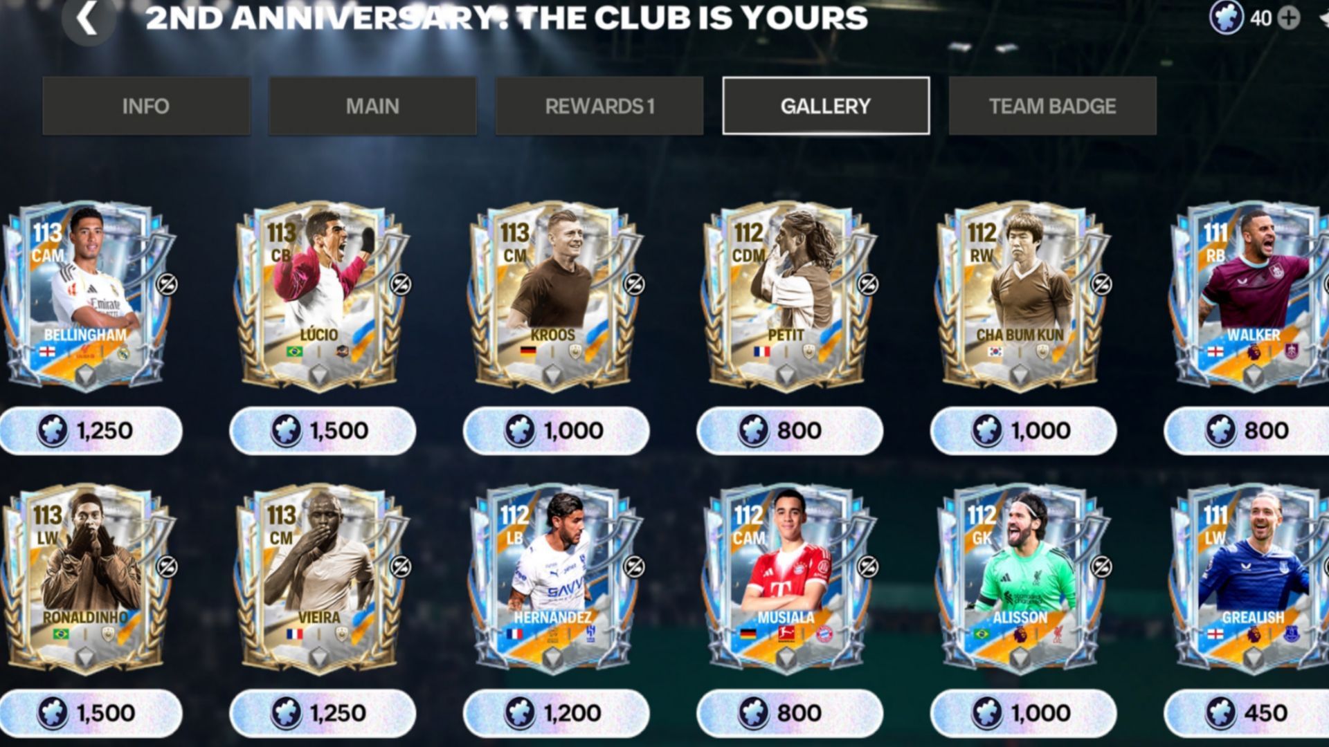 Snippet showing the players&#039; list for EA FC Mobile 2nd Anniversary Week 1 Shards exchanges (Image via EA Sports)