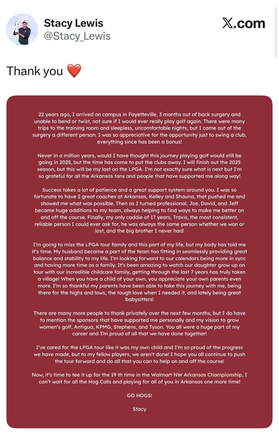 Lewis&rsquo;s tweet via X _ Source: X/@Stacy_Lewis