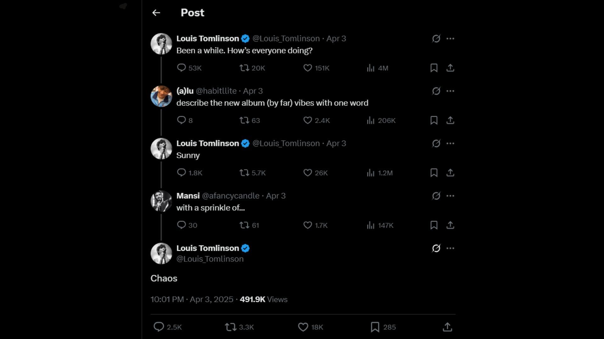 Louis Tomlinson replying to fan comments on April 3, 2025, on X (formerly Twitter) (Image via X/@Louis_Tomlinson)