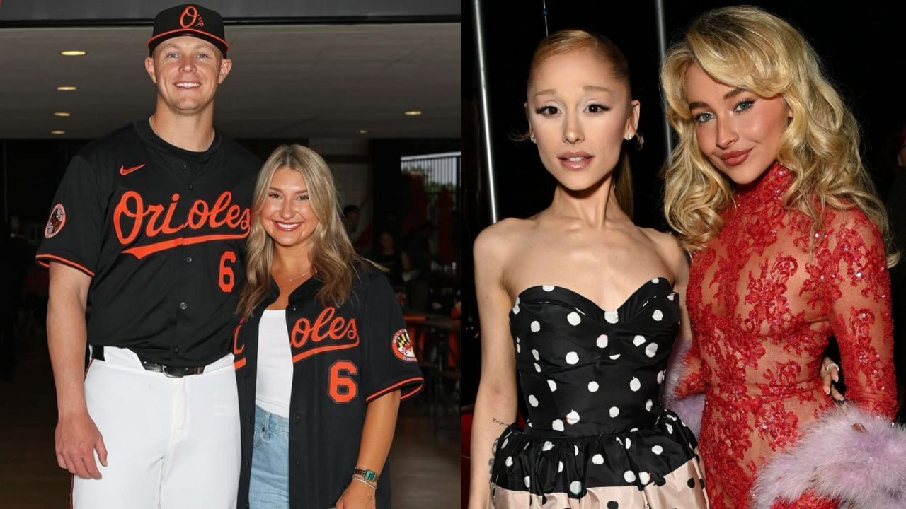Ryan Mountcastle and his wife, Taylor (L), Ariana Grande and Sabrina Carpenter (R) (Images from - Instagram.com/@taylormountcastle, Getty)