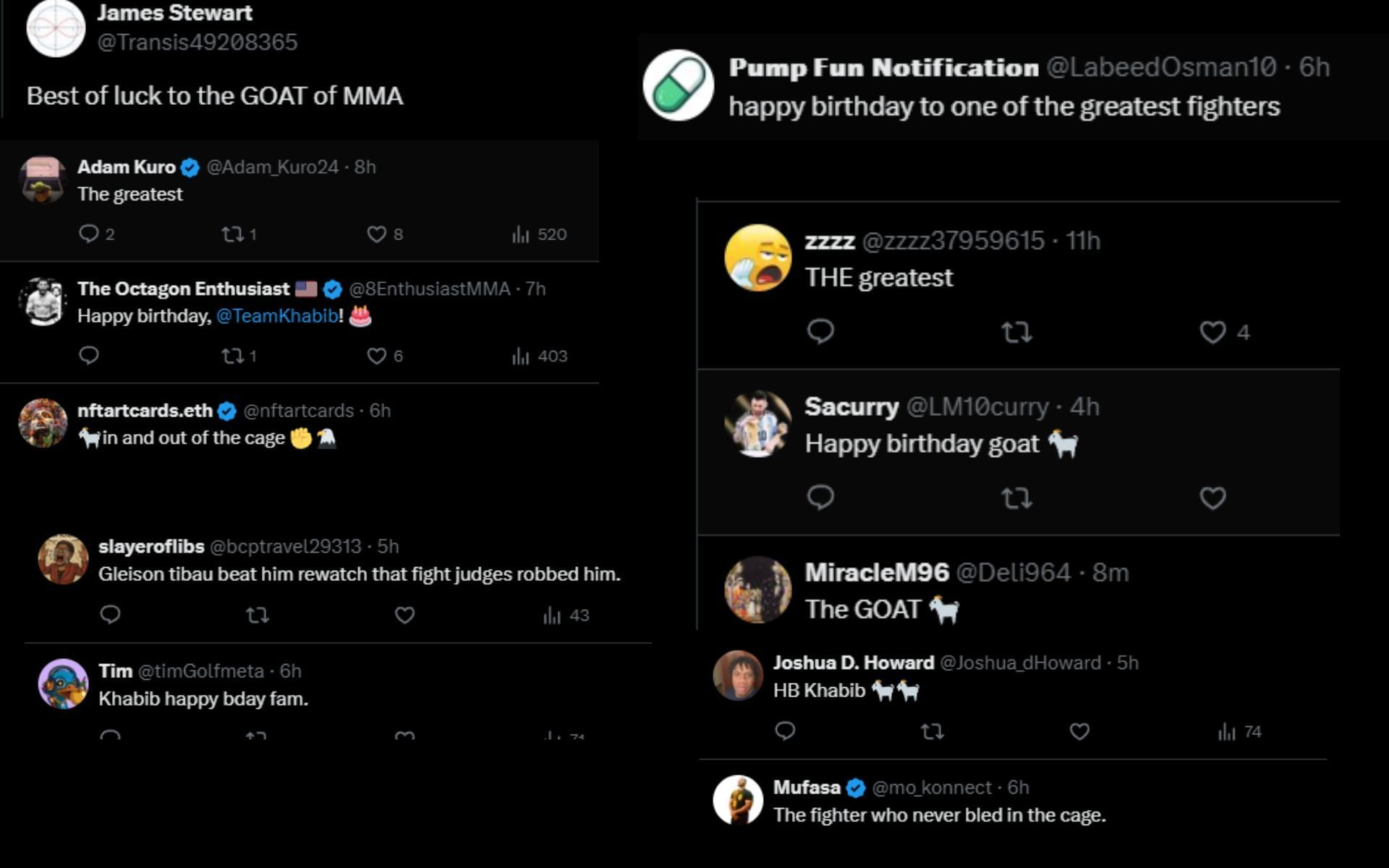 Fans wish Khabib Nurmagomedov on his birthday. [Screenshots courtesy: @ufcontnt on X]
