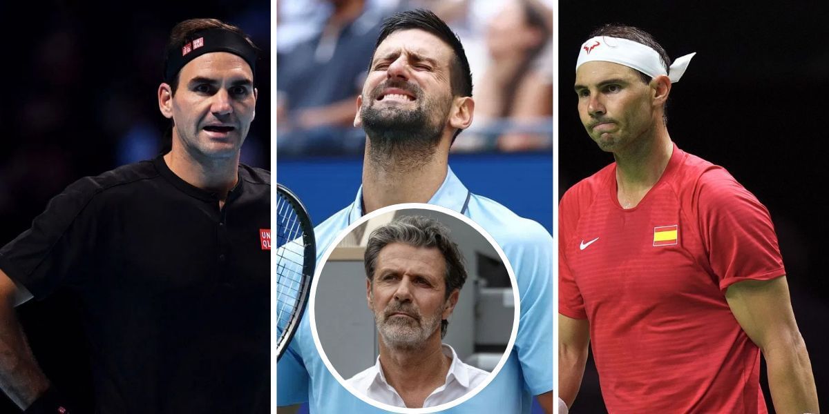 Roger Federer (left), Novak Djokovic (center), Rafael Nadal (right), Patrick Mouratoglou (bottom inset), Sources: Getty
