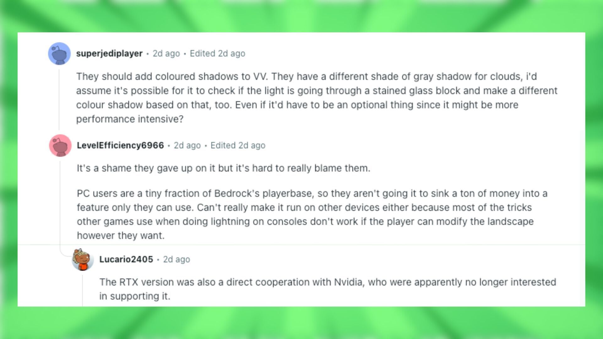 Redditors talk about the comparison of different shaders (Image via Reddit)