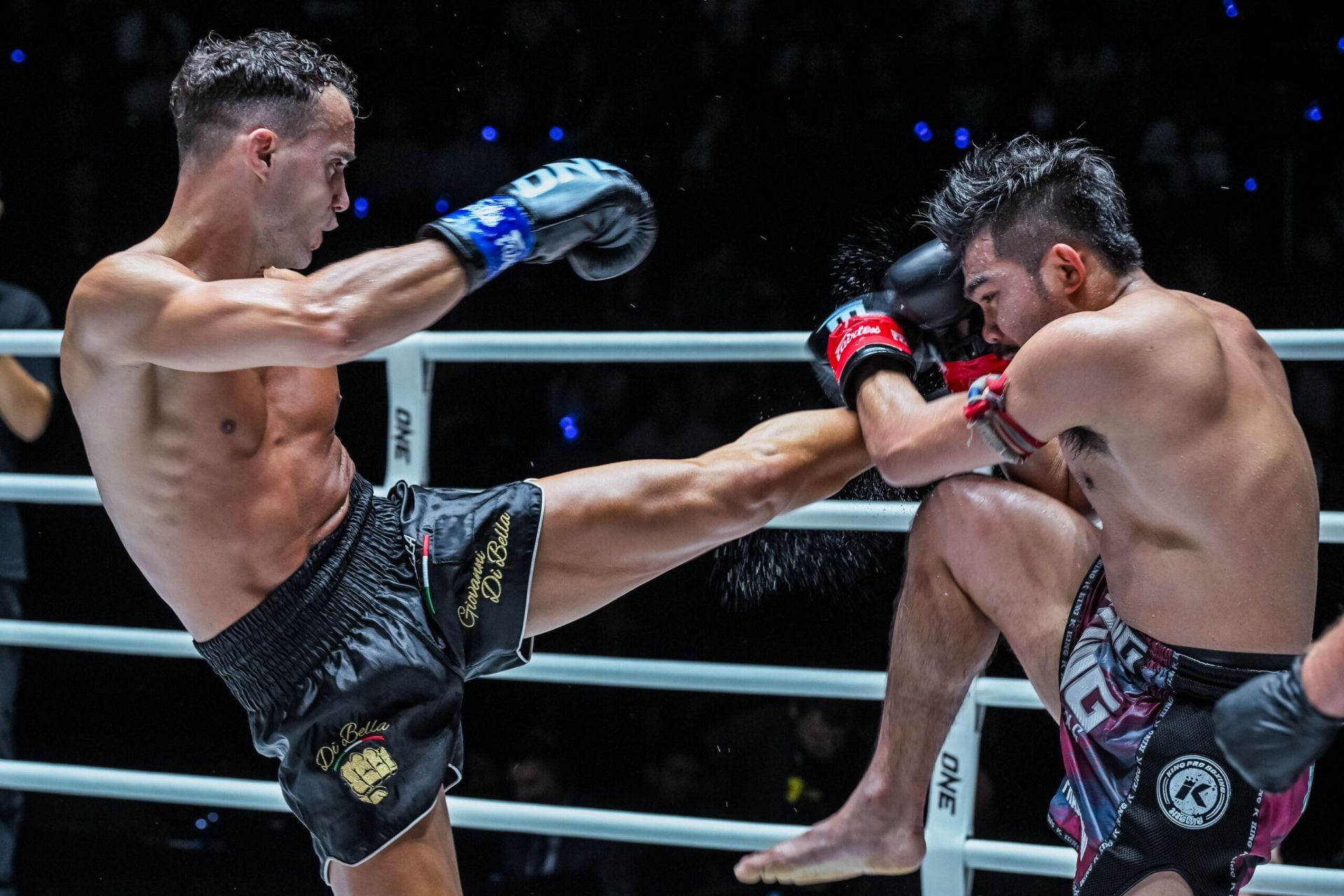 Jonathan Di Bella (left) and Prajanchai PK Saenchai (right) in action in Bangkok last year. Images: ONE Championship