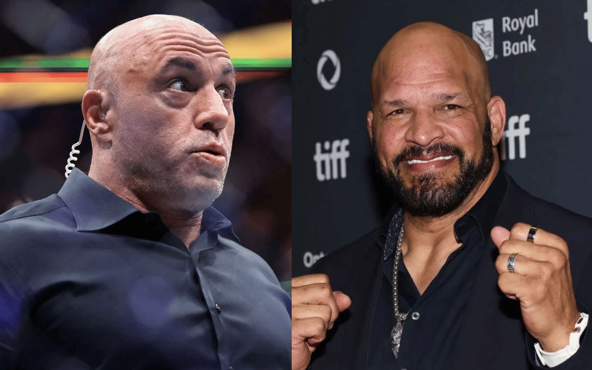 Joe Rogan (left) reacts to Mark Kerr