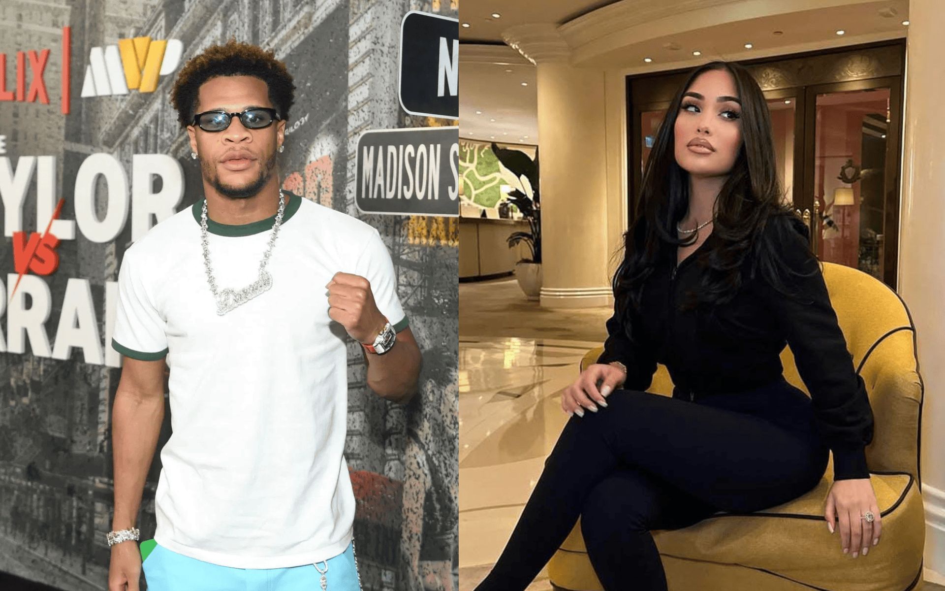 Devin Haney (left) reportedly files lawsuit against Leena Sayed (right). [Images courtesy: Getty and @leenasayed on Instagram]