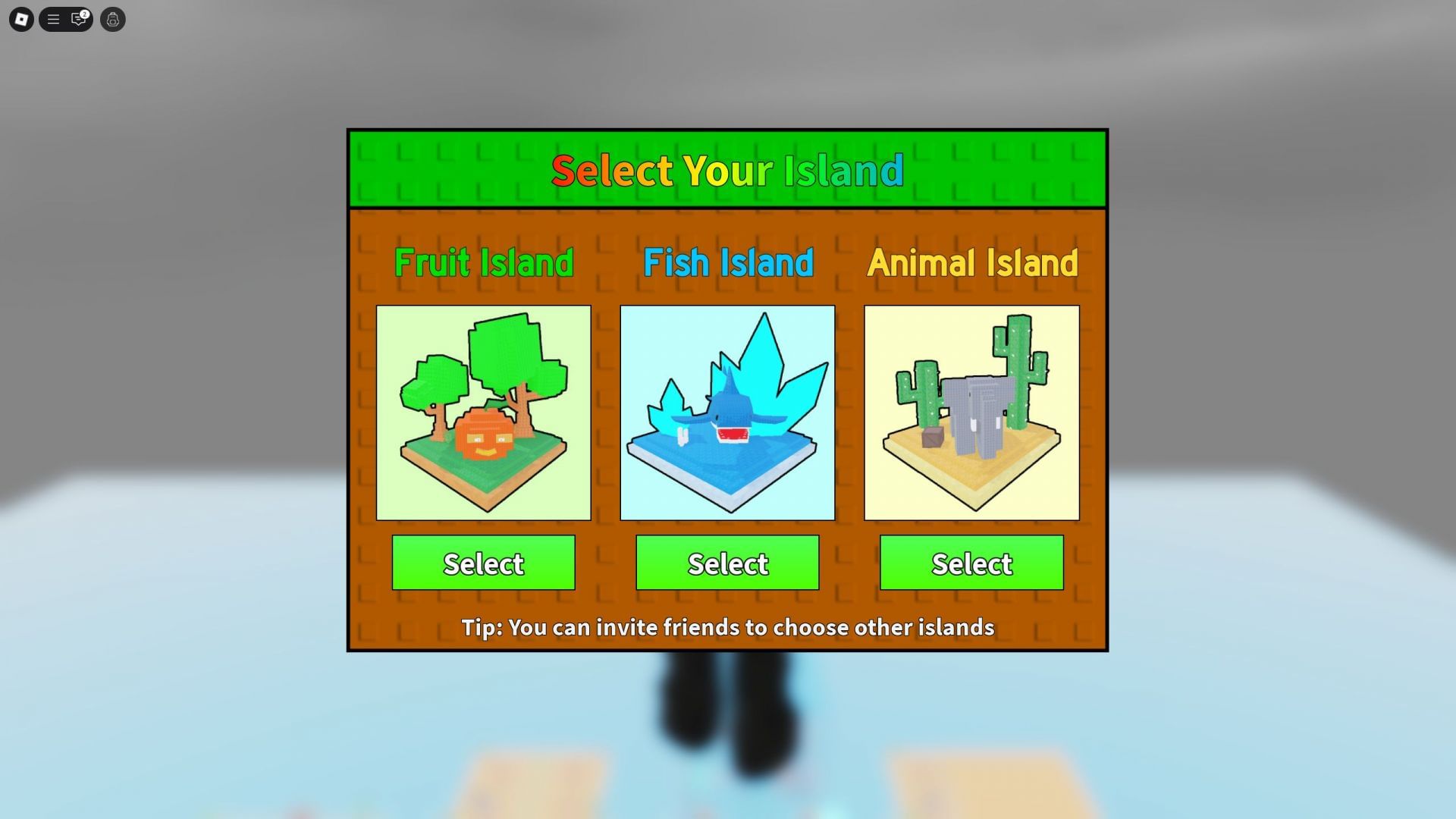 Choose your starter island from this menu (Image via Roblox)