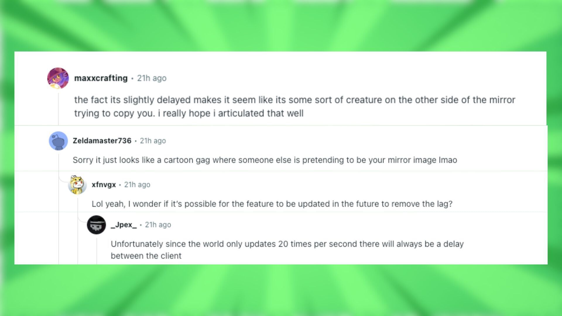 Redditors talk about the mirror build (Image via Reddit)