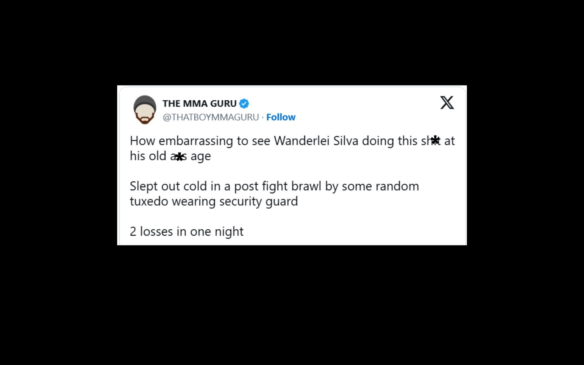 MMA Guru reacts to Wanderlei Silva brawl. [Screenshot courtesy: @THATBOYMMAGURU on X]
