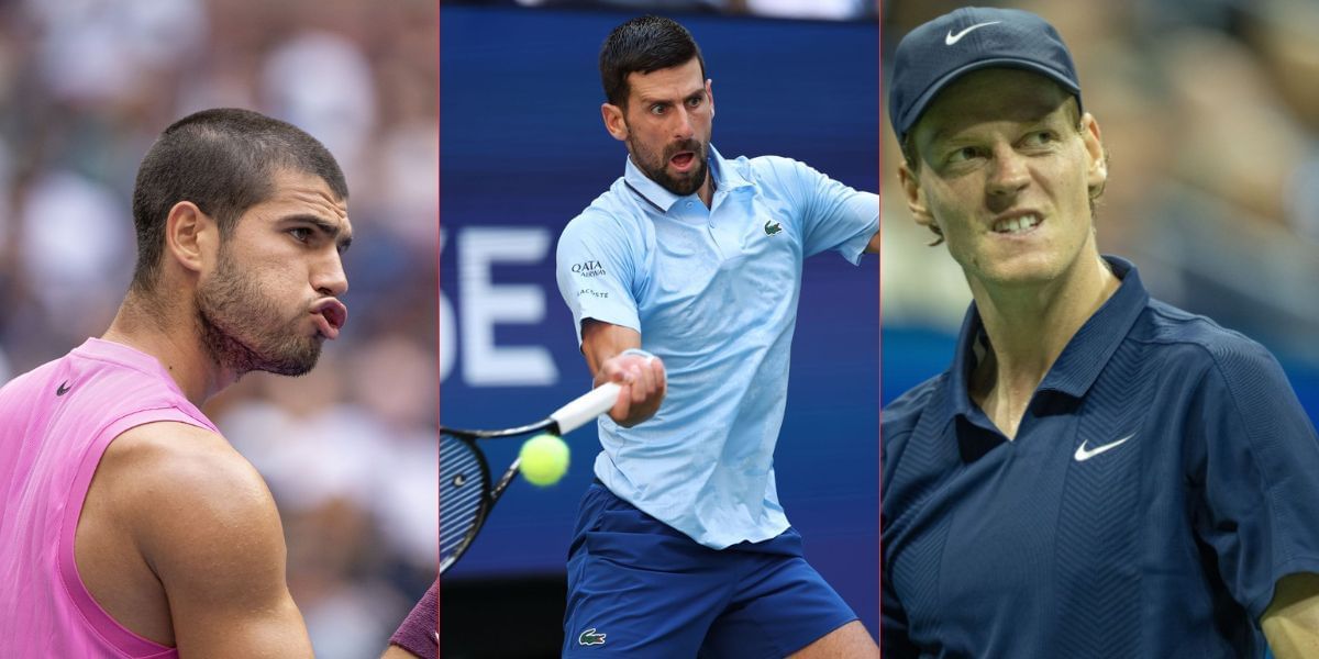 L to R: Carlos Alcaraz, Novak Djokovic and Jannik Sinner. (Images by Getty)