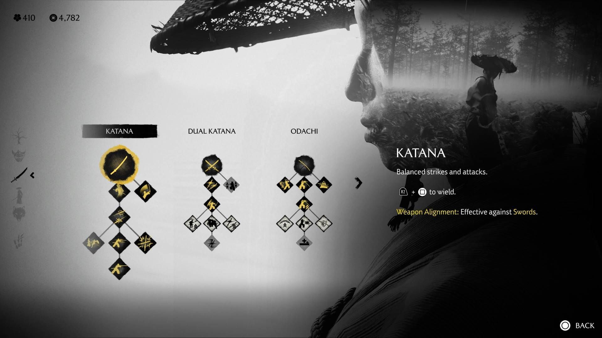 Katana weapon alignment in Ghost of Yotei (Image via Sportskeeda Gaming / Sucker Punch)