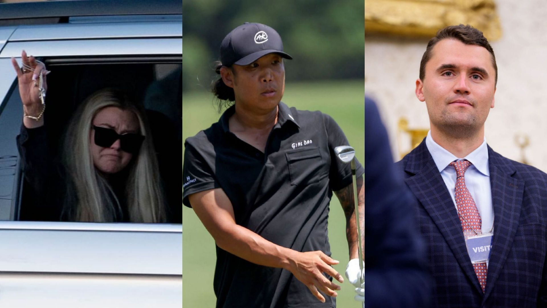 Anthony Kim (middle), Erika Kirk (left), and Charlie Kirk (right) / source: Getty and Imagn