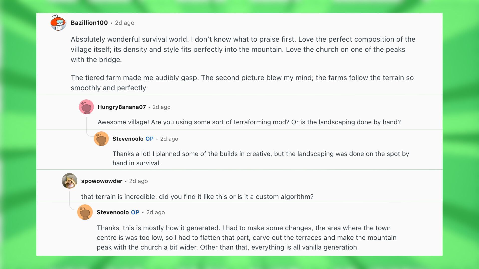 Redditors react to the cozy mountain town build (Image via Reddit/Stevenoolo)