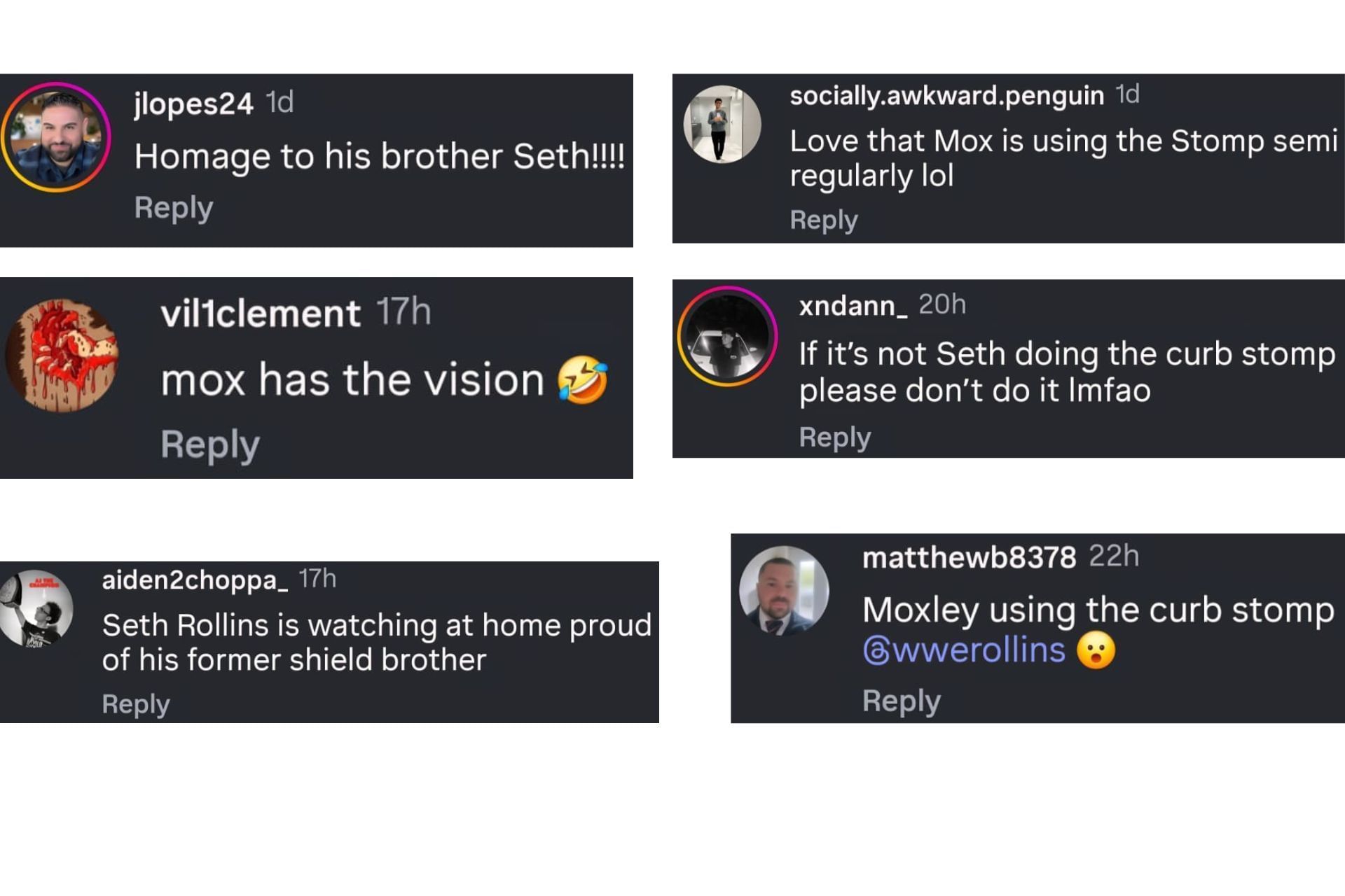 Fans on Instagram reacting to Moxley performing Seth Rollins&#039; stomp on AEW Collision