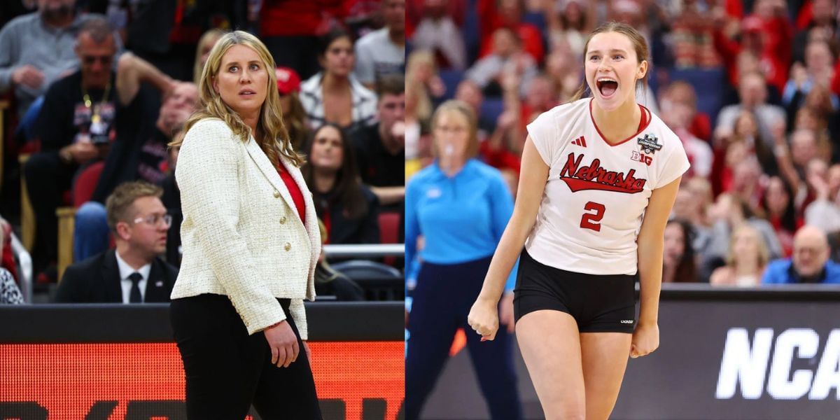 Nebraska Volleyball coach Dani Busboom Kelly reacts after after Bergen Reilly surpasses record. PHOTO: Both from Getty Images