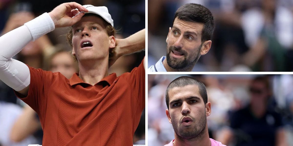 Jannik Sinner (left), Novak Djokovic (top right), Carlos Alcaraz (bottom right), Sources: Getty