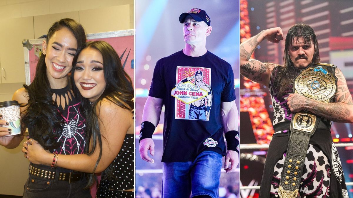 AJ Lee with Roxanne Perez (left), John Cena (center), Dominik Mysterio (right) [Images via Roxanne