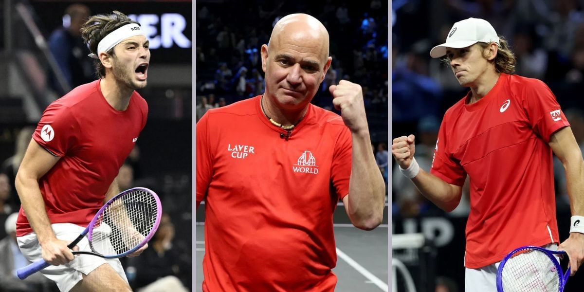 Taylor Fritz (left), Andre Agassi (center), Alex de Minaur (right), Sources: Getty