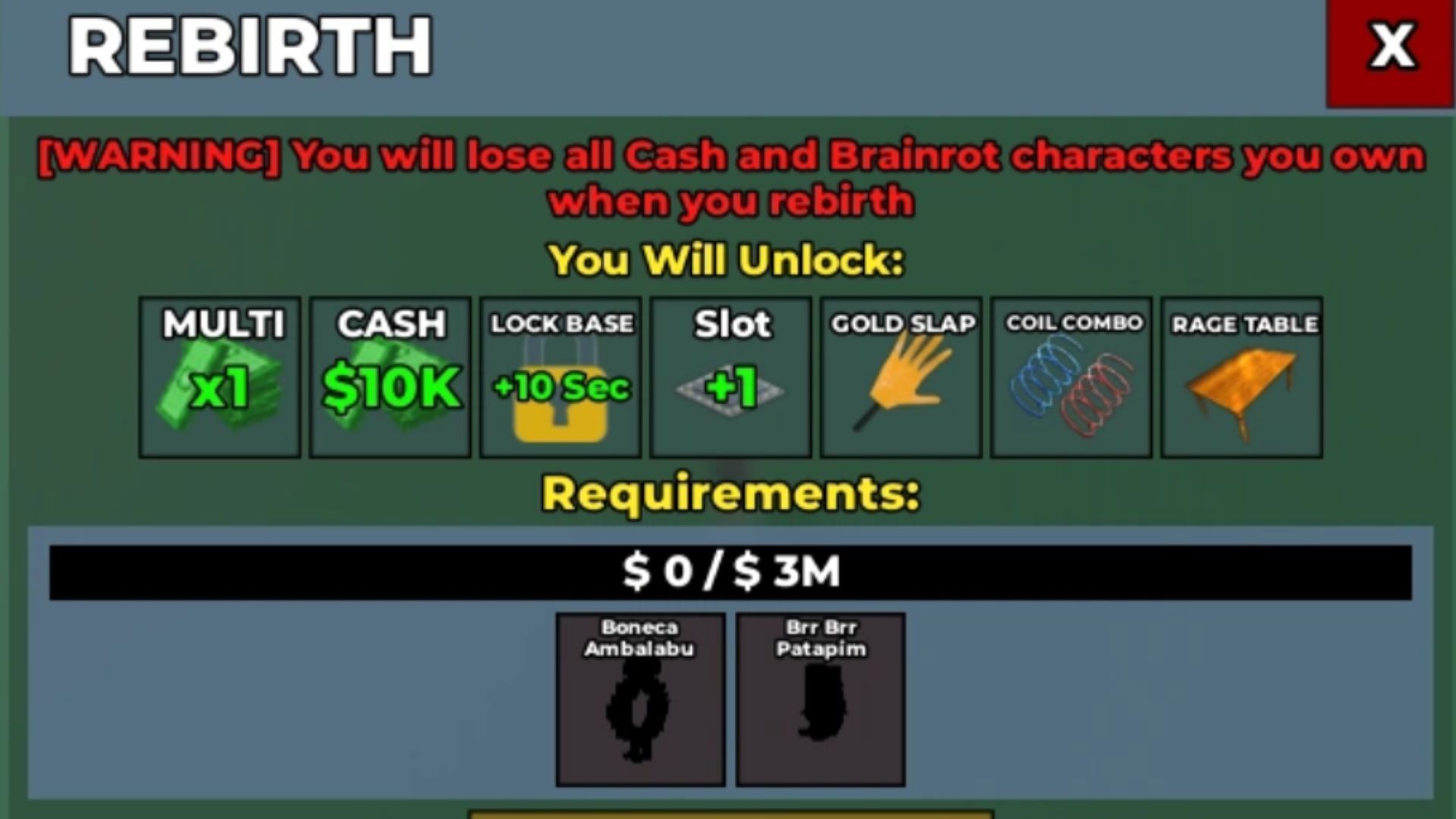 Requirements for the second Rebirth in Steal a Brainrot (Image via Roblox)
