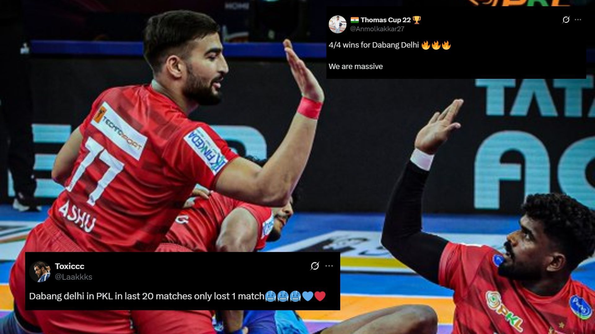 Dabang Delhi registered their fourth successive win in Pro Kabaddi 2025 (Image Credits: ProKabaddi/X &amp; @Anmolkakkar27,@Laakkks/X)