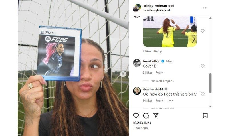 Screenshot of Trinity Rodman&#039;s Instagram post featuring Ben Shelton&#039;s comment | Source: IG/trinity_rodman