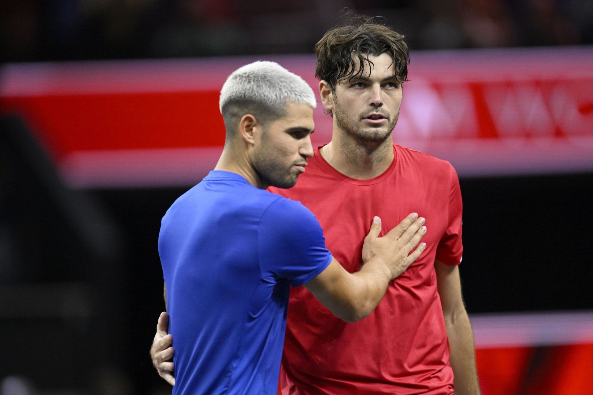 Carlos Alcaraz (left) and Taylor Fritz (right) after the conclusion of their match at the 2025 Laver Cup (Source: Getty)