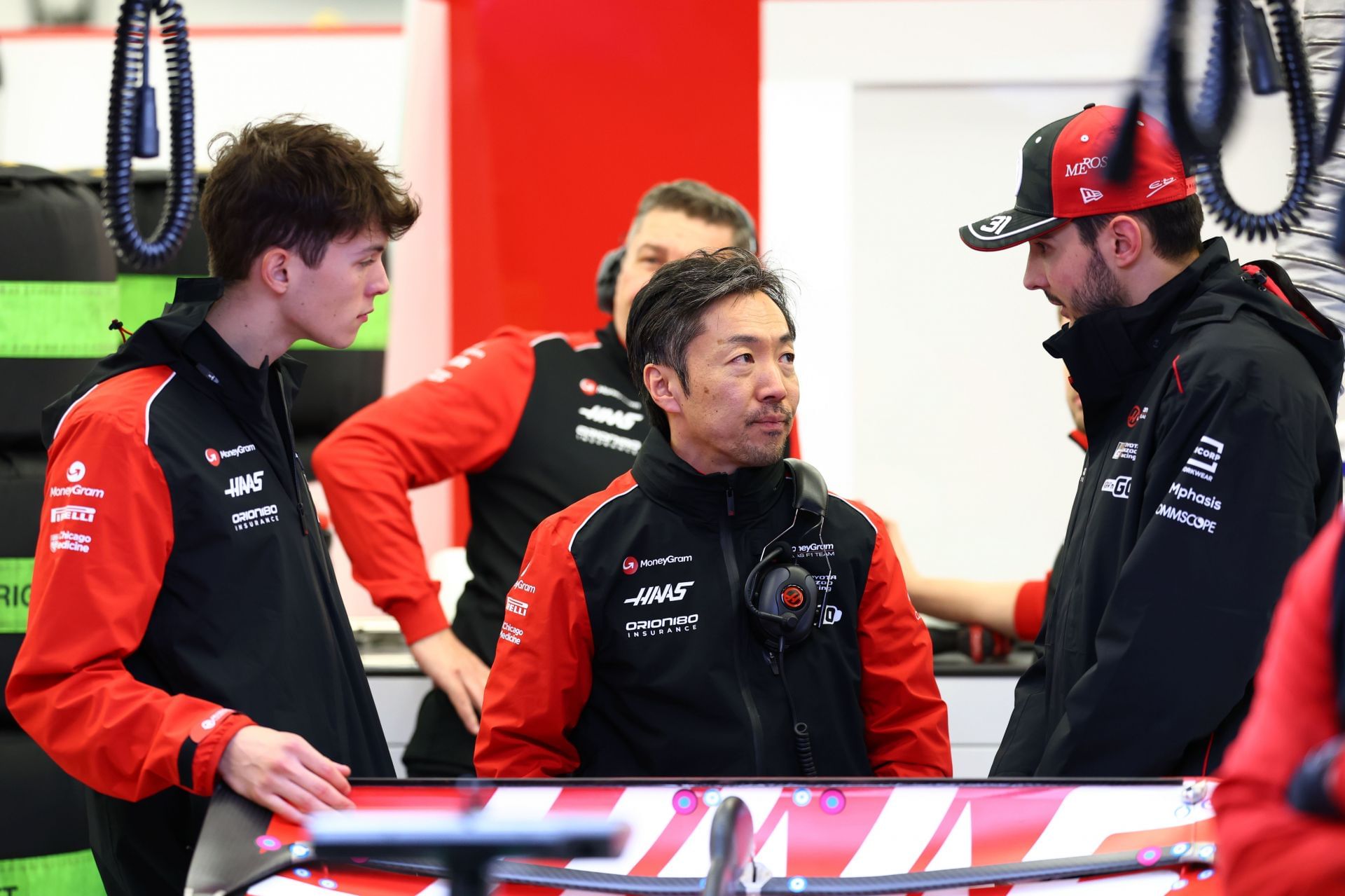 Haas F1 Team Principal, Ayao Komatsu, Oliver Bearman, and Esteban Ocon at Bahrain testing. Source: Getty