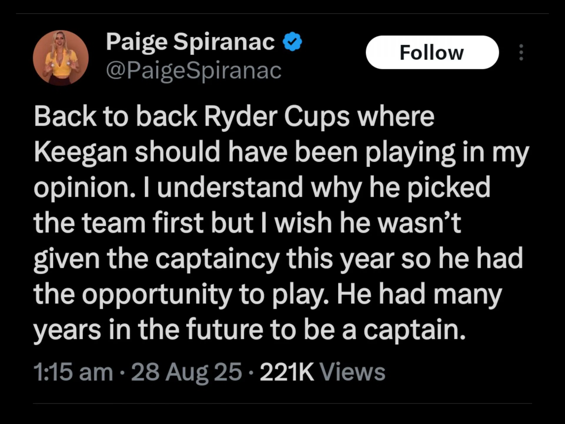 Screenshot from Spiranac&rsquo;s post on X regarding Bradley / Source: @PaigeSpiranac on X