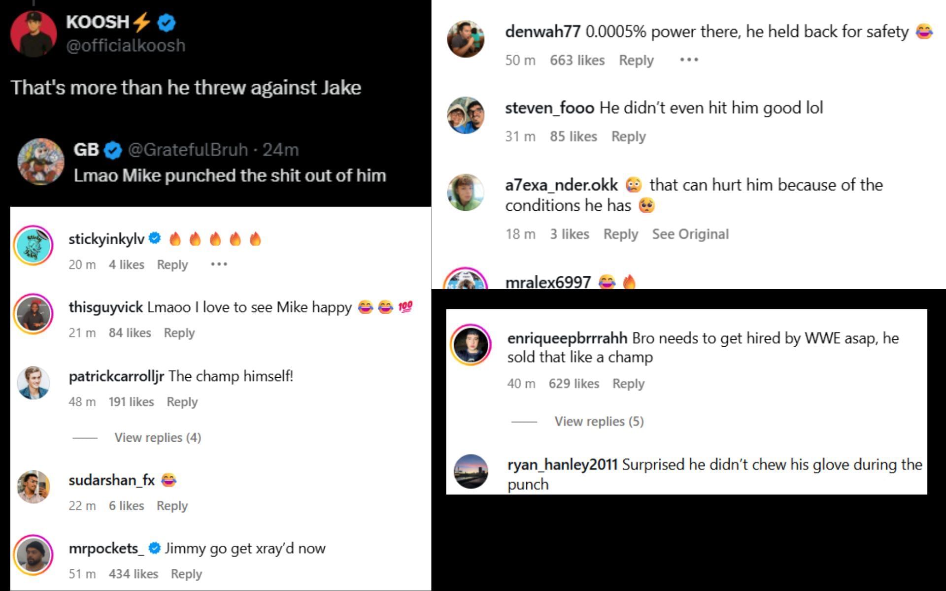 Fans react to MrBeast taking a body shot from Mike Tyson. [Screenshots courtesy: @ChampRDS on X and @mrbeast on Instagram]