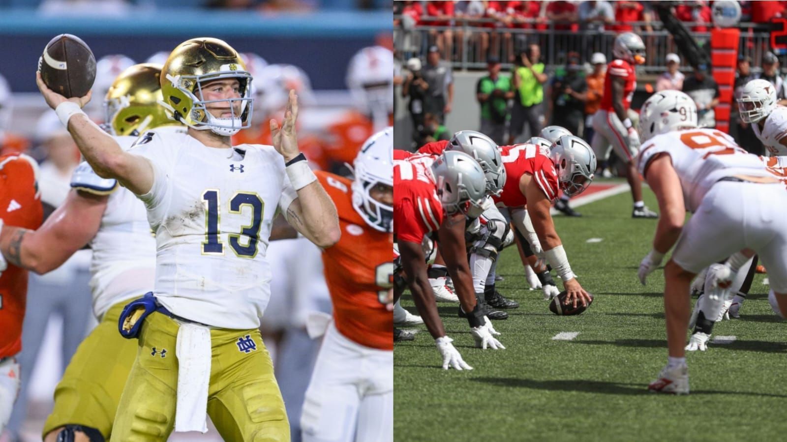 Notre Dame player (L) Texas vs. Ohio State (R) Image credit: Getty 