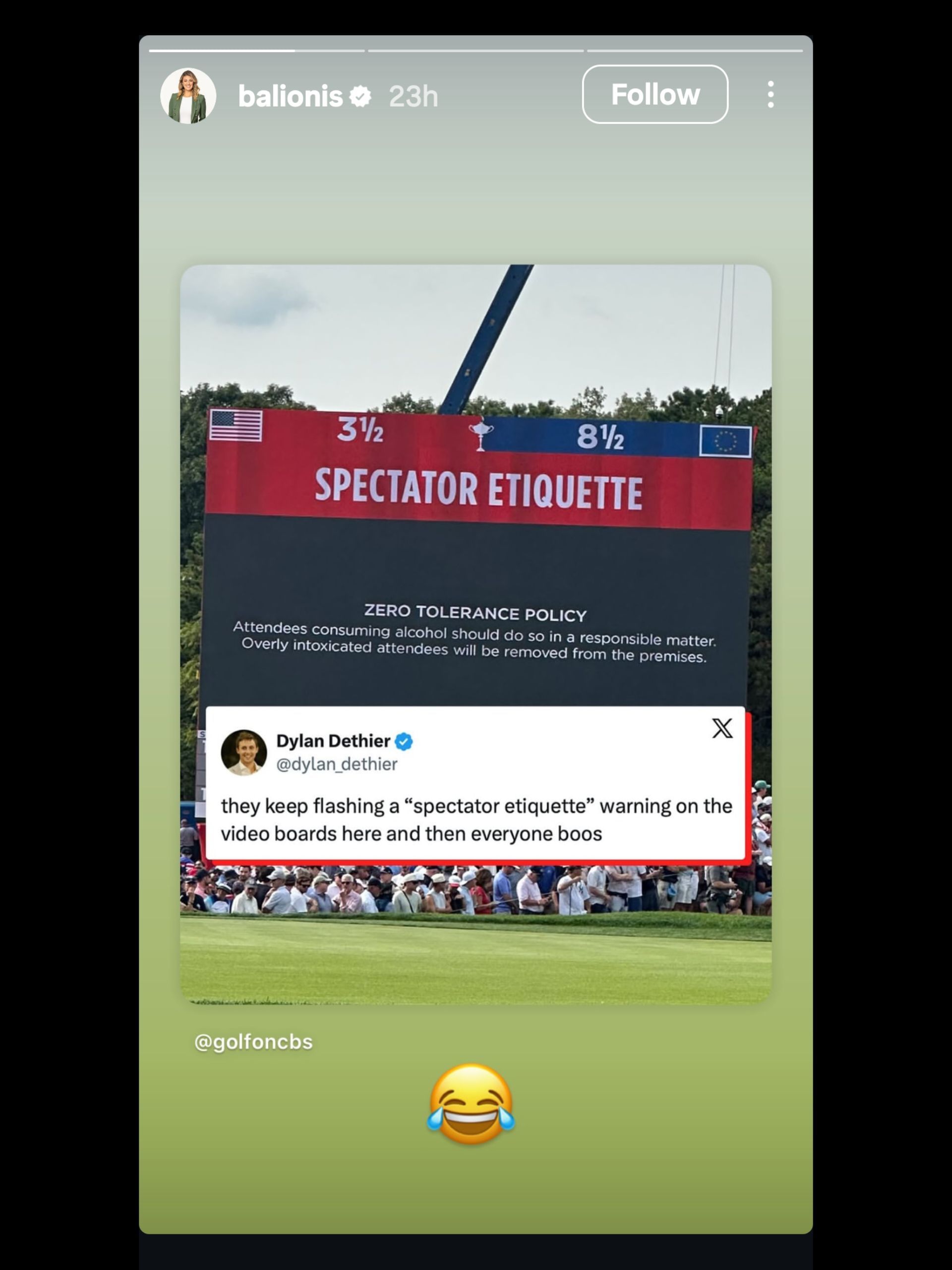 Screenshot from Balionis&#039; Instagram story about the incident during Saturday&#039;s Ryder Cup / Source: @balionis on IG