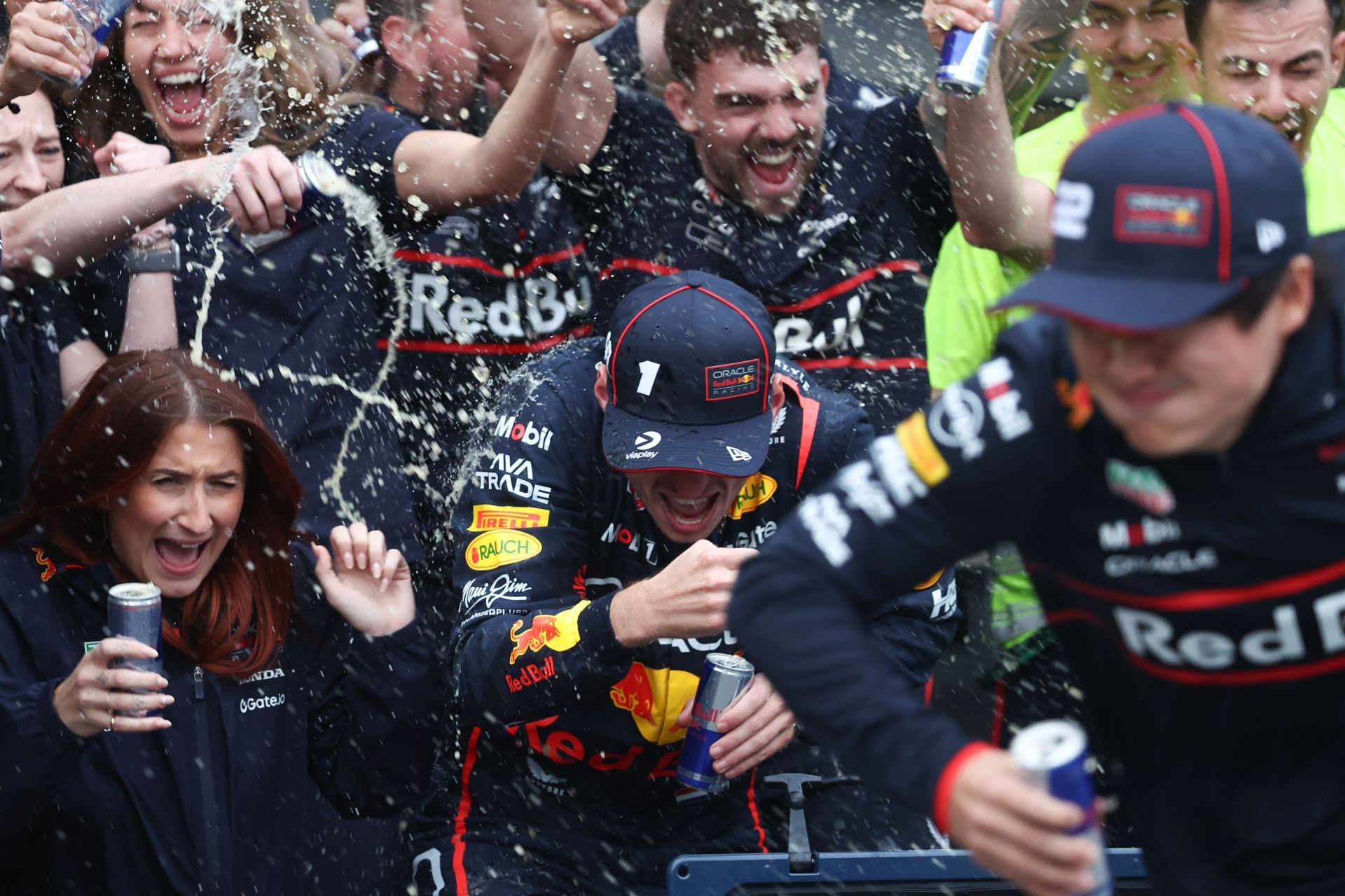 Red Bull&#039;s Max Verstappen and Yuki Tsunoda are celebrating with the team after the 2025 F1 Grand Prix of Azerbaijan 2025 - Source: Getty
