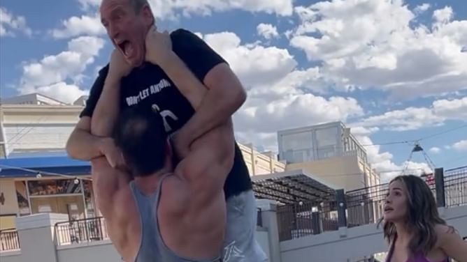Absent AEW star ‘throws’ social media megastar The Greatest Entertainer over a railing in a hilarious new prank video